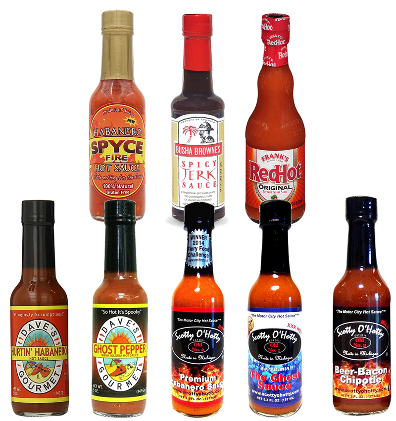 Frank's, Spyce, Dave's Gourmet, Busha Browne & Scotty O'Hotty Hot Sauce: 8-Pack Variety Sampler