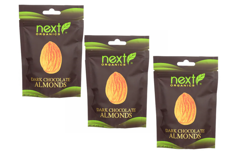Next Organics Dark Chocolate Covered Almonds-Gluten Free Certified Organic, 3-Pack 4 oz. Pouches