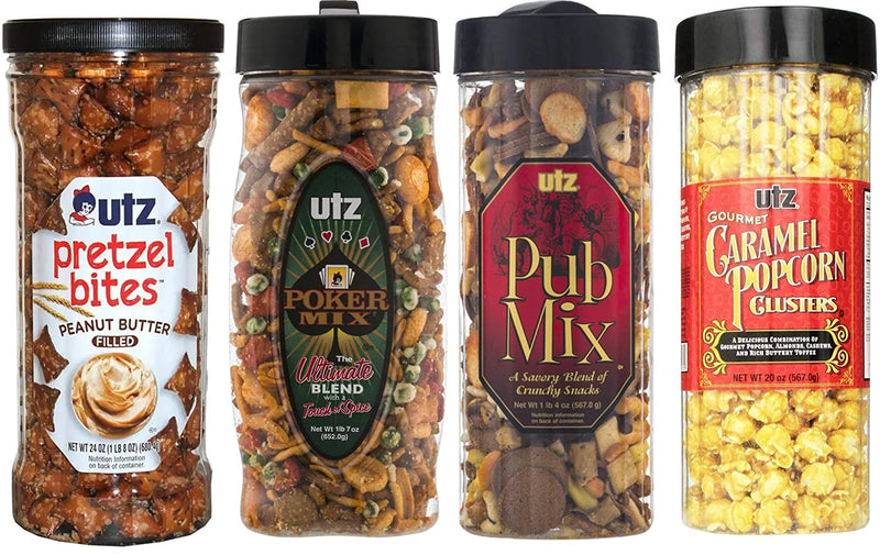 Utz Peanut Butter Pretzel Bites, Poker Mix, Pub Mix & Gourmet Caramel Popcorn Canisters Variety 4-Pack