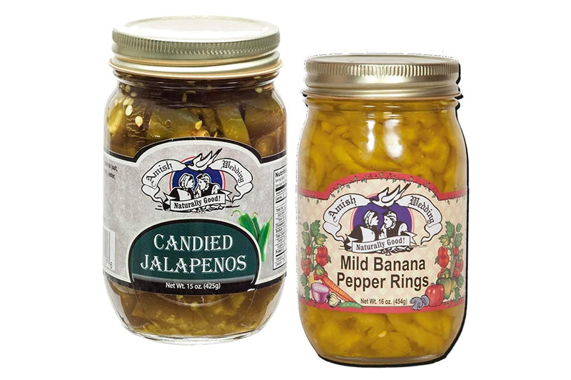 Amish Wedding Candied Jalapeno Peppers & Hot Banana Pepper Rings Variety 2-Pack