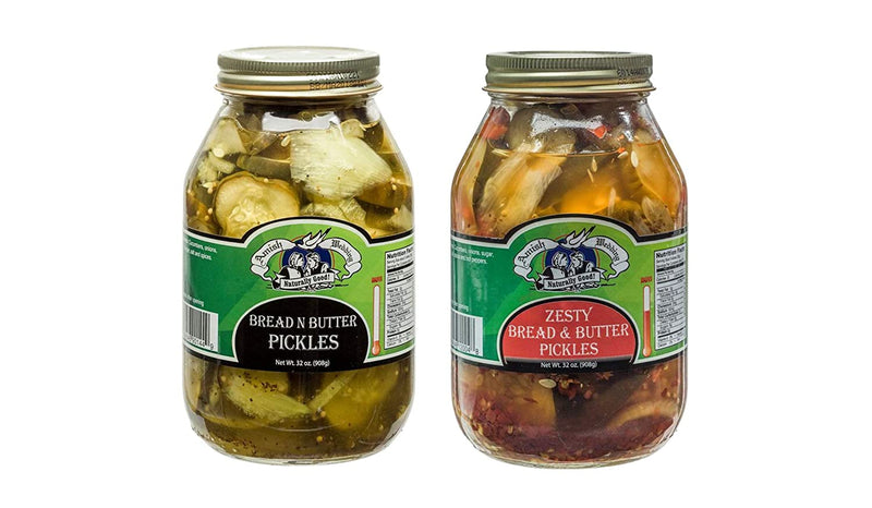 Amish Wedding Foods Bread & Butter and Zesty Bread & Butter Pickles 32 oz. Jars Variety 2 pack