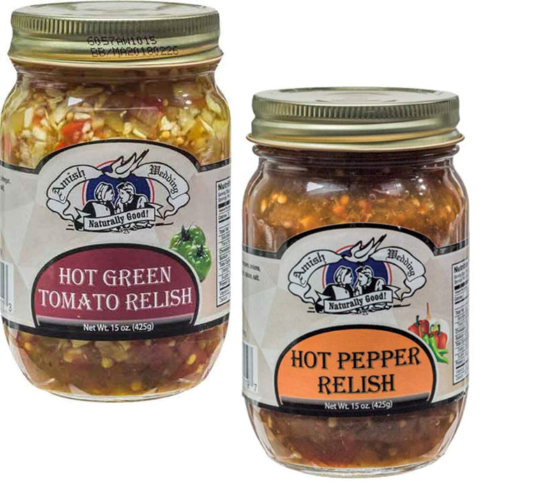 Amish Wedding Foods Hot Green Tomato Relish & Hot Pepper Relish Variety 2-Pack, 15 oz. Jars
