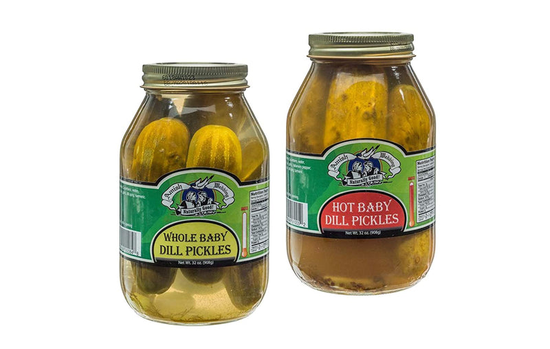 Amish Wedding Whole Baby Dill & Whole Hot Baby Dill Pickles 32 oz. Jars Variety 2-Pack