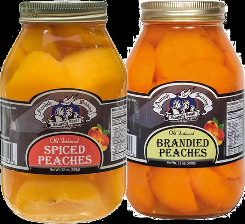 Amish Wedding Old Fashioned Spiced Peach Halves and Brandied Peach Halves Variety 2 Pack- 32 oz Jars