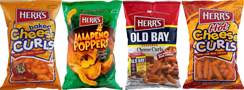 Herr's Cheese Curls, Jalapeno Poppers, Old Bay Curls & Hot Curls Variety 4-Pack