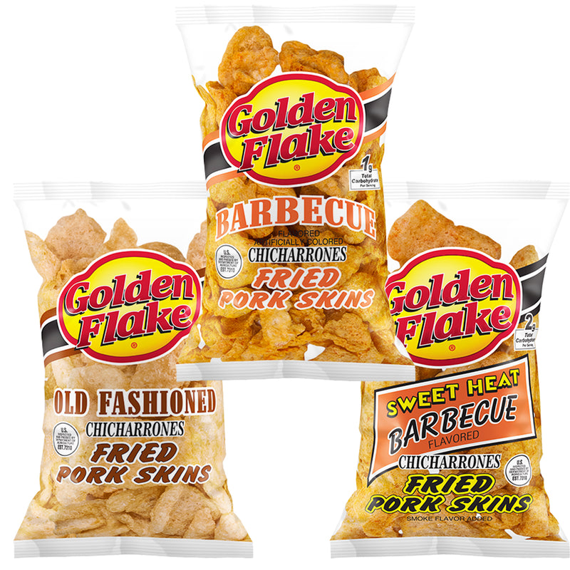 Golden Flake Fried Pork Skins Variety Pack: Old Fashioned, Barbecue, Sweet Heat Barbecue (1 Bag of Each)