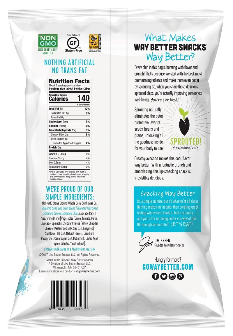Way Better Snacks Sprouted Gluten Free Tortilla Chips, Avocado Ranch, 6-Pack 5.5 oz. Bags