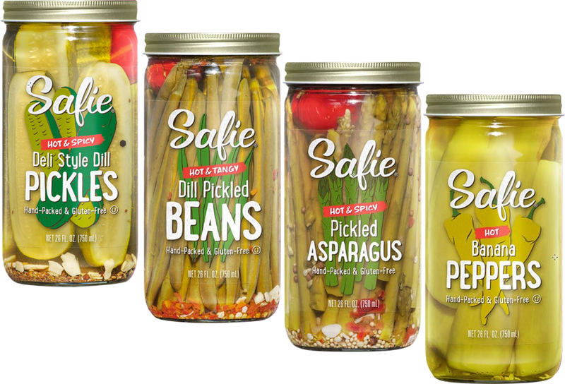 Safie Foods Hot & Spicy Asparagus, Beans, Banana Peppers and Deli Pickles, Variety 4-Pack 26 oz. Jars