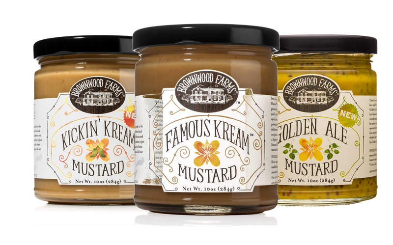 Brownwood Farms Famous Mustard: Kream, Kickin' Kream & Golden Ale Variety 3-Pack 10 oz. Jars