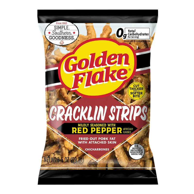 Golden Flake Fried Pork Cracklin Strips Mildly Seasoned with Red Pepper- 3.5 oz. Bags