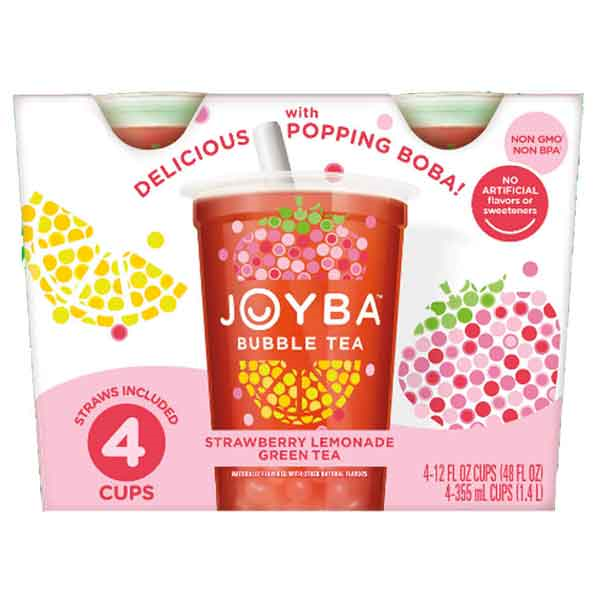 Joyba Bubble Tea Strawberry Lemonade Green Tea with Popping Boba, 4-Pack Carton 12 fl.oz.