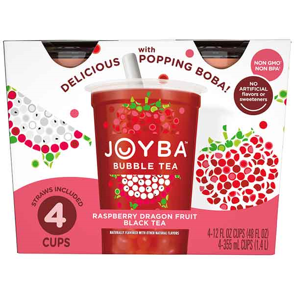 Joyba Bubble Tea Raspberry Dragonfruit Black Tea with Popping Boba, 4-Pack Carton 12 fl.oz.