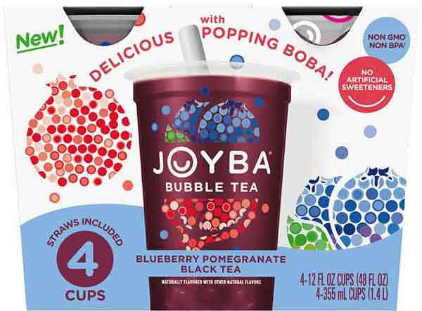 Joyba Bubble Tea Blueberry Pomegranate Black Tea with Popping Boba, 4-Pack Carton 12 fl.oz.