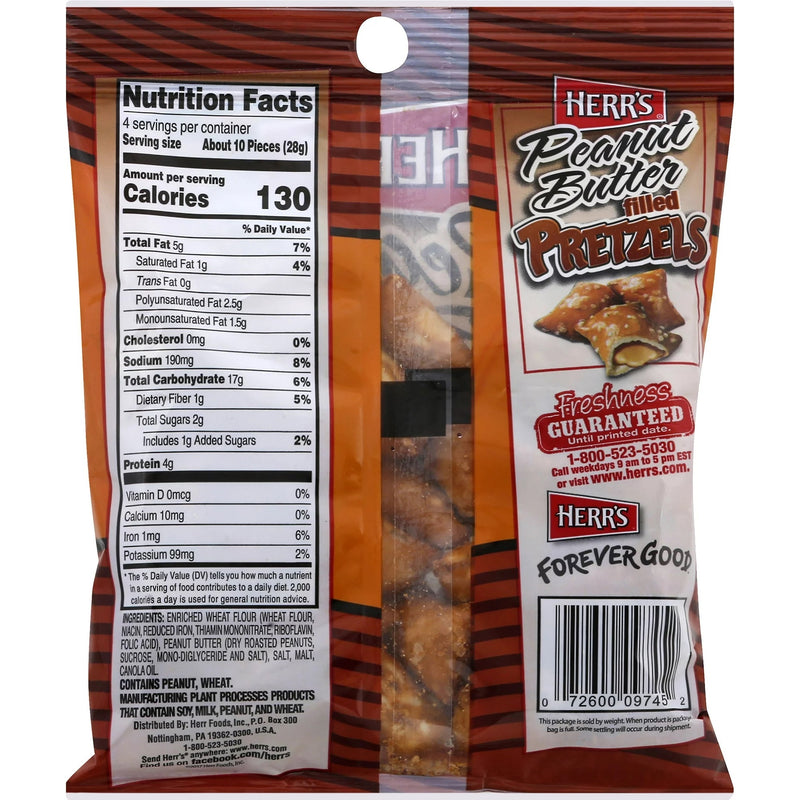 Herr's Peanut Butter Filled Pretzels, 24-Pack 4 oz. Single Serve Bags
