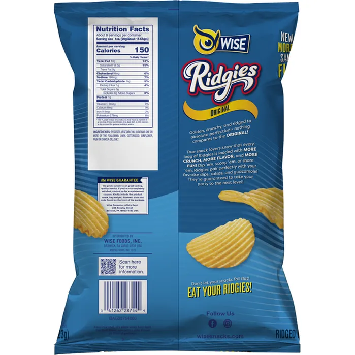Wise Ridgies Original Ridged Potato Chips, 7.5 oz. Sharing Size Bags
