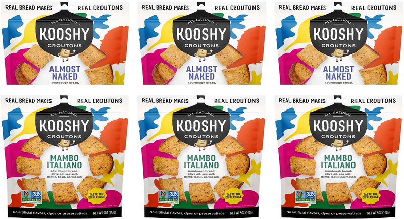 Kooshy Almost Naked & Mambo Italiano Sourdough Croutons, Variety 6-Pack