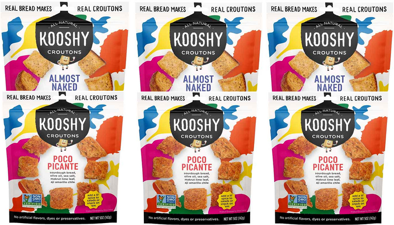 Kooshy Almost Naked & Poco Picante Sourdough Croutons, Variety 6-Pack