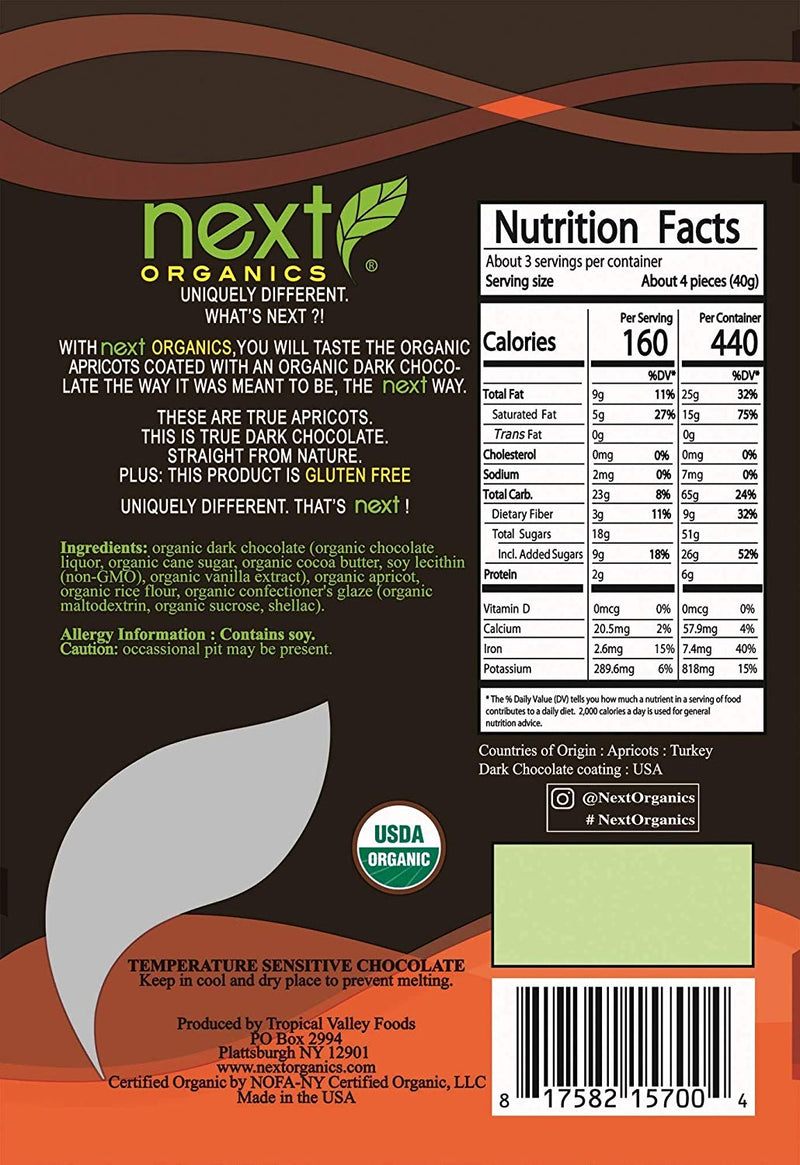 Next Organics Dark Chocolate Covered Apricots-Gluten Free Certified Organic, 3-Pack 4 oz. Pouches