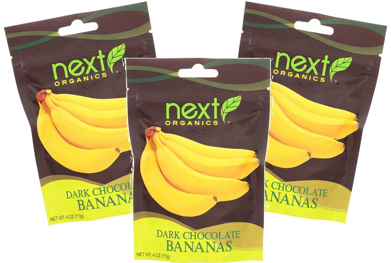 Next Organics Dark Chocolate Covered Banana Slices-Gluten Free Certified Organic, 3-Pack 4 oz. Pouches