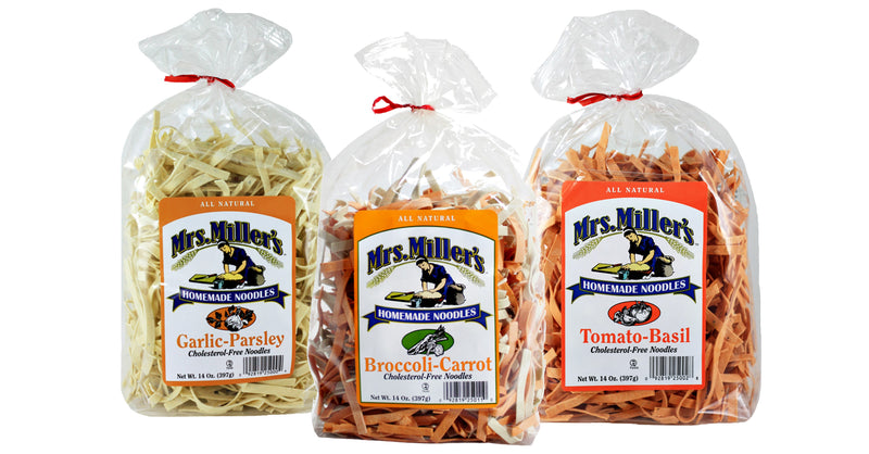 Mrs. Miller's Homemade Garlic Parsley, Tomato Basil & Broccoli Carrot Cholesterol-Free Noodles Variety 3-Pack
