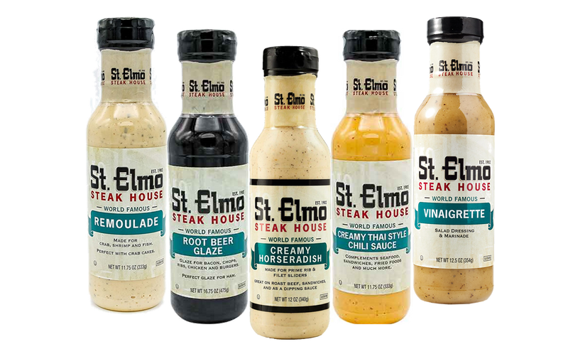 St. Elmo Creamy Horseradish, Root Beer Glaze, Thai Chili Sauce, Remoulade & Vinaigrette Variety 5-Pack