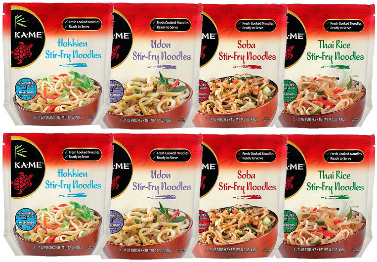 Ka-Me Hokkien, Udon, Soba & Thai Ribbon Stir Fry Fresh Cooked Noodles, Variety 8-Pack