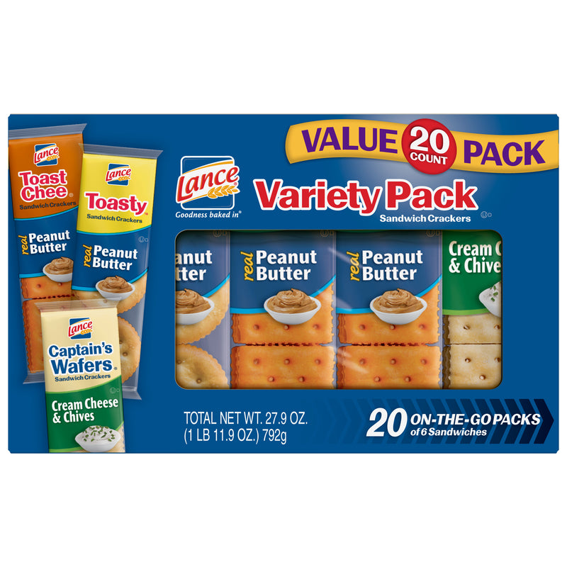 Lance Variety Pack Sandwich Crackers with ToastChee, Toasty and Captain's Wafers- 20 Count Box