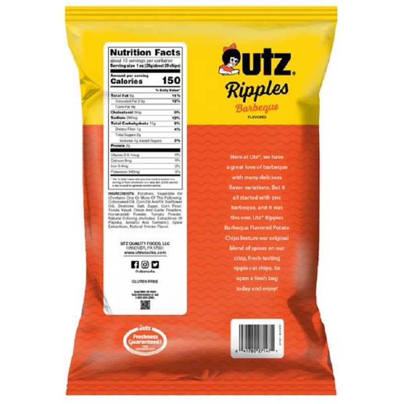 Utz Quality Foods Barbeque Ripples Potato Chips, 12.5 oz. Party Size Bags