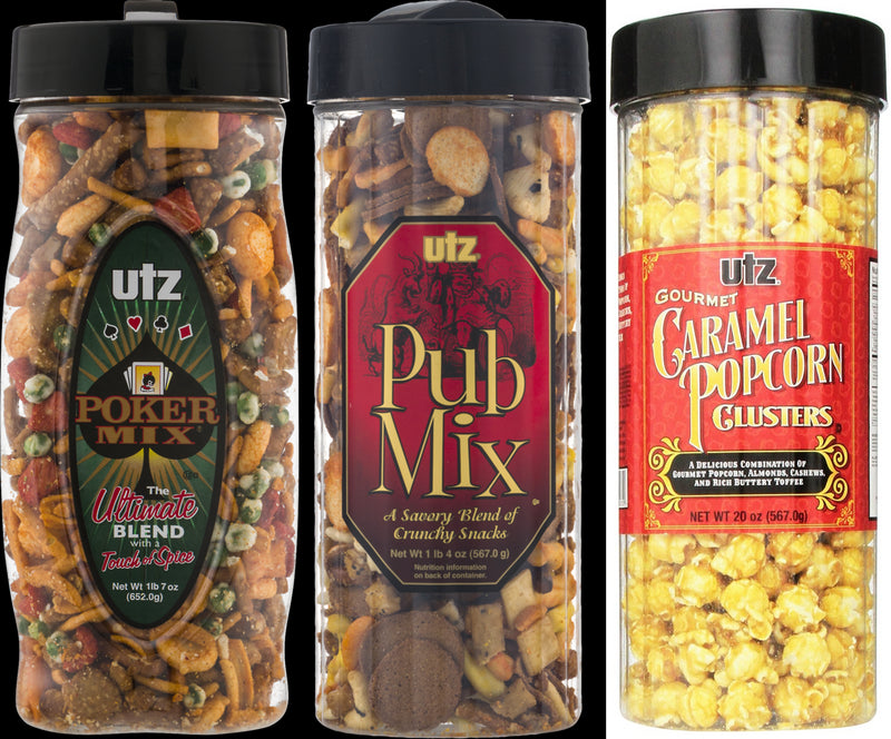 Utz Premium Poker Mix, Pub Mix & Gourmet Caramel Popcorn Canisters Variety 3-Pack