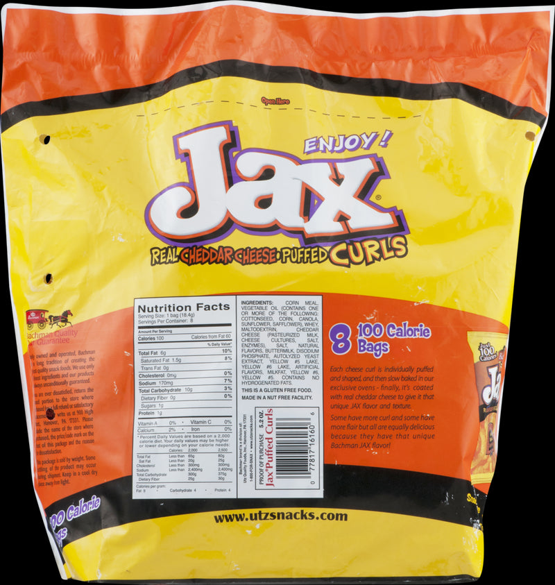 Bachman Jax 100 Calorie Cheddar Cheese Puffed Curls, 2-Pack 8 Count Bags