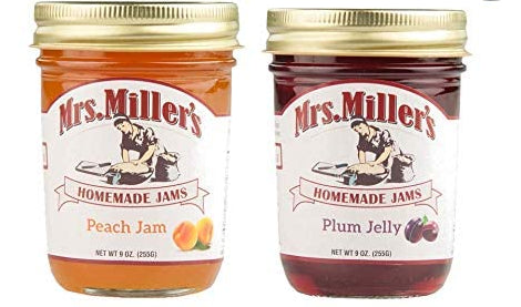 Mrs. Miller's Homemade Peach Jam and Plum Jelly Variety 2-Pack, TWO 9 oz. Jars