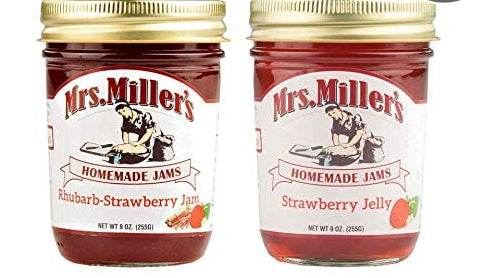 Mrs. Miller's Homemade Rhubarb StrawberryJam and Strawberry Jelly Variety 2-Pack, TWO 9 oz. Jars