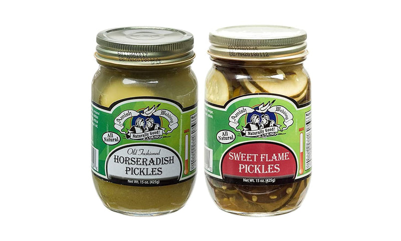 Amish Wedding Foods Horseradish Pickle Chips & Sweet Flame Pickle Chips 15 oz. Jars Variety 2 pack