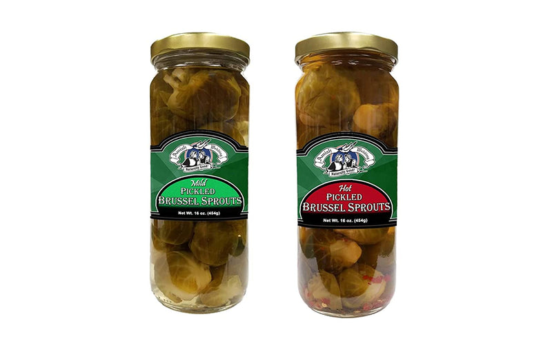 Amish Wedding Foods Mild and Hot Pickled Brussels Sprouts 16 oz. Jars Variety 2 pack