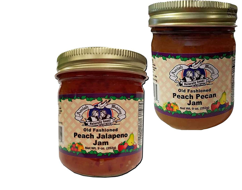 Amish Wedding Foods Peach Jalapeno Jam & Peach Pecan Jam 9 oz.Jars Variety 2 pack