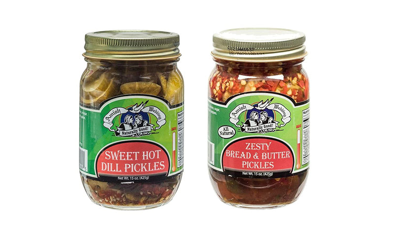 Amish Wedding Sweet Hot Dill and Zesty Bread & Butter Pickle Chips 15 oz. Jars Variety 2 pack