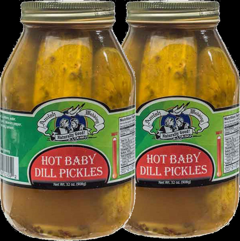 Amish Wedding Foods Whole Hot Baby Dill Pickles, 2-Pack 32 oz. Quart Jars