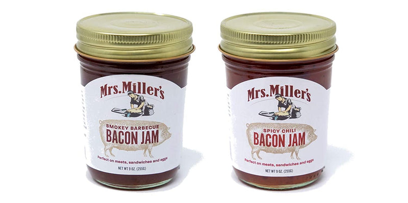 Mrs. Miller's Homemade Smokey BBQ Bacon Jam & Spicy Chili Bacon Variety 2-Pack, TWO 9 oz. Jars