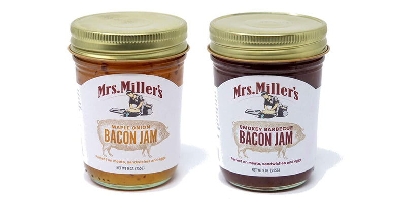 Mrs. Miller's Homemade Maple Onion Bacon Jam & Smokey BBQ Bacon Jam Variety 2-Pack, TWO 9 oz. Jars