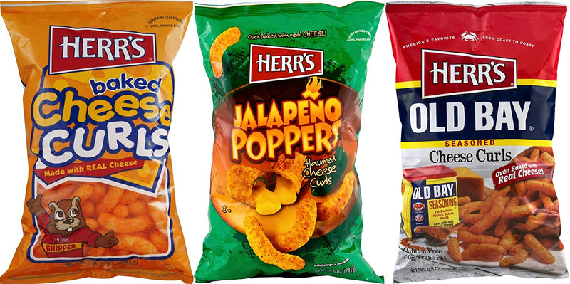 Herr's Baked Cheddar Cheese Curls, Jalapeno Poppers & Old Bay Seasoned Curls Variety 3-Pack