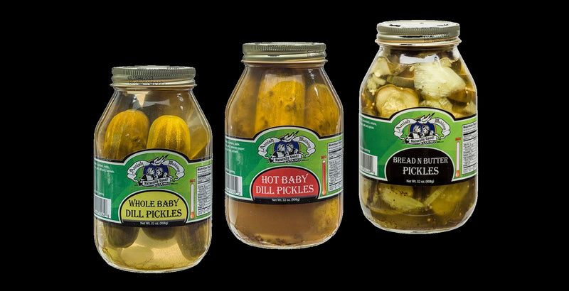 Amish Wedding Baby Dill, Hot Baby Dill  & Bread & Butter Pickles, 32 oz. Jars  Variety 3-Pack