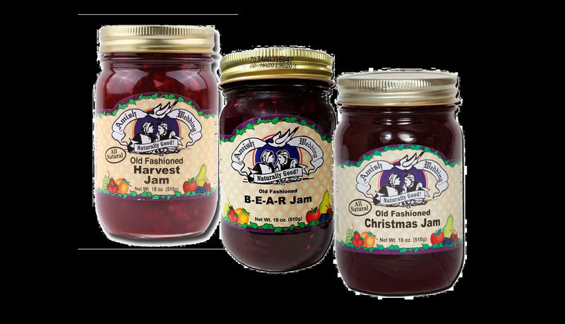 Amish Wedding Harvest, B-E-A-R & Christmas Jam 18 oz. Jars Variety Pack