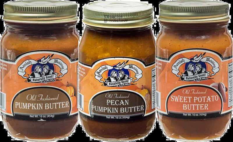 Amish Wedding Pumpkin Butter, Pumpkin Pecan Butter & Sweet Potato Butter 16 oz.  Variety 3-Pack