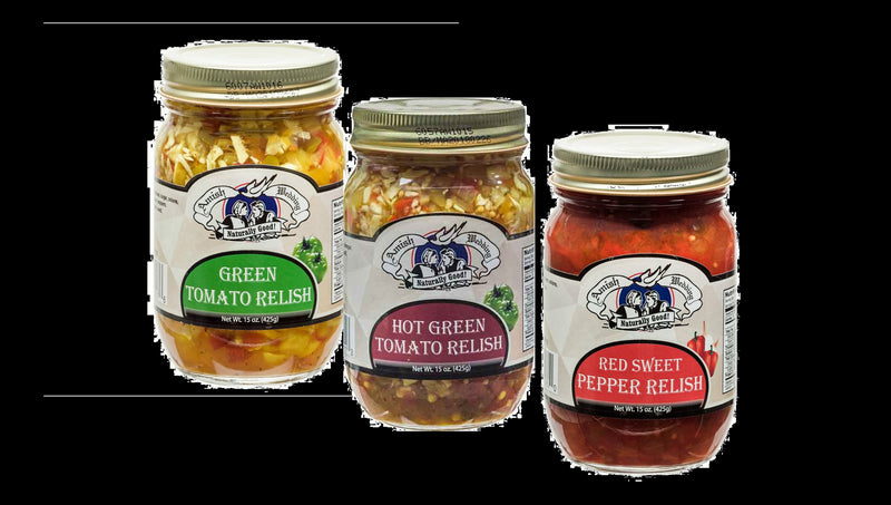 Amish Wedding Hot Green Tomato, Hot Pepper & Sweet Pepper Relishes, Variety 3-Pack 15 oz. Jars