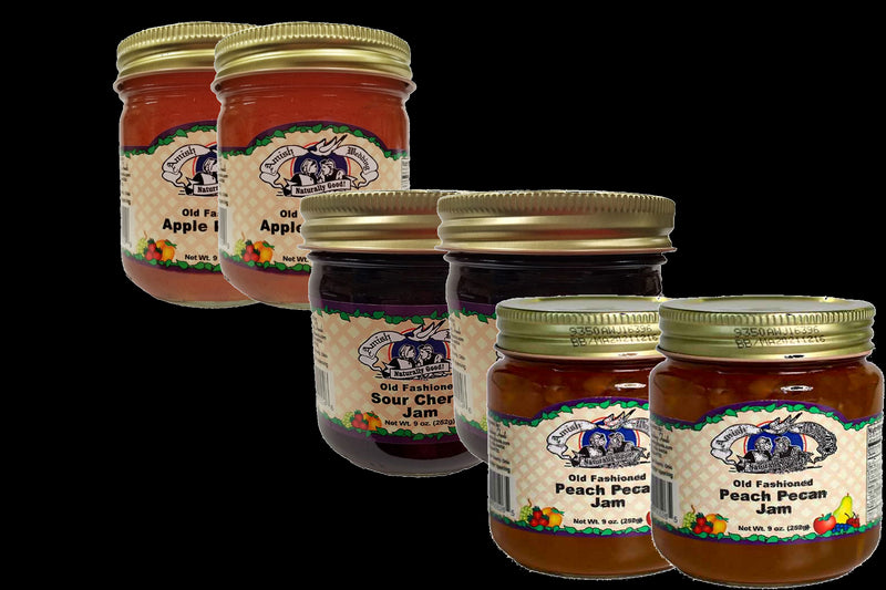 Amish Wedding Apple Pie, Sour Cherry & Peach Pecan Jams, Variety 6-Pack 9 oz. Jars
