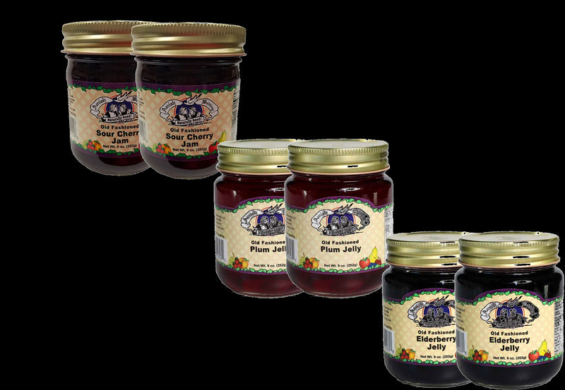 Amish Wedding Foods Sour Cherry Jam , Plum Jelly & Elderberry Jelly, Variety 6-Pack 9 oz Jars.
