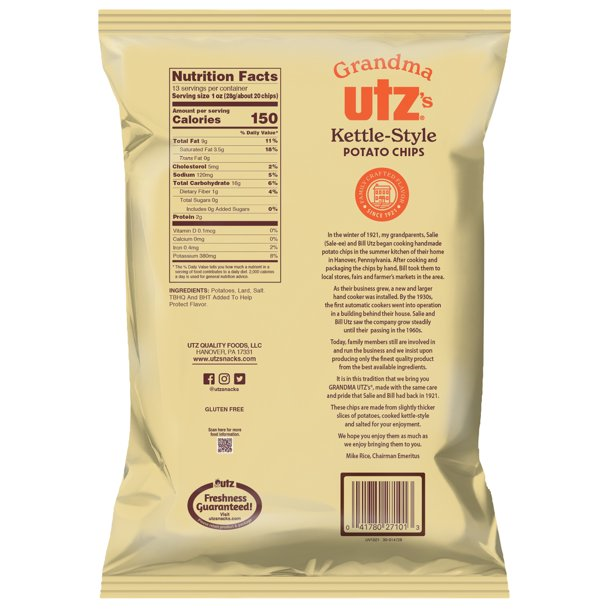 Grandma Utz's Kettle Style Potato Chips, 4-Pack 13 oz. Party Size Bags