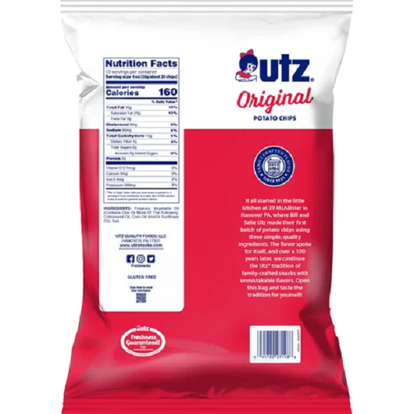 Utz Quality Foods Original Potato Chips, 13 oz. Party Size Bags