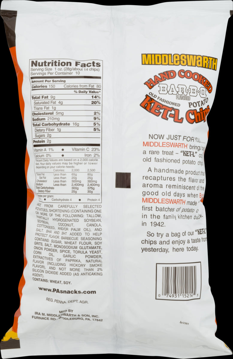 Middleswarth Hand Cooked Old Fashioned KET-L Potato Chips Bar-B-Q Flavored The Weekender (4 Bags)