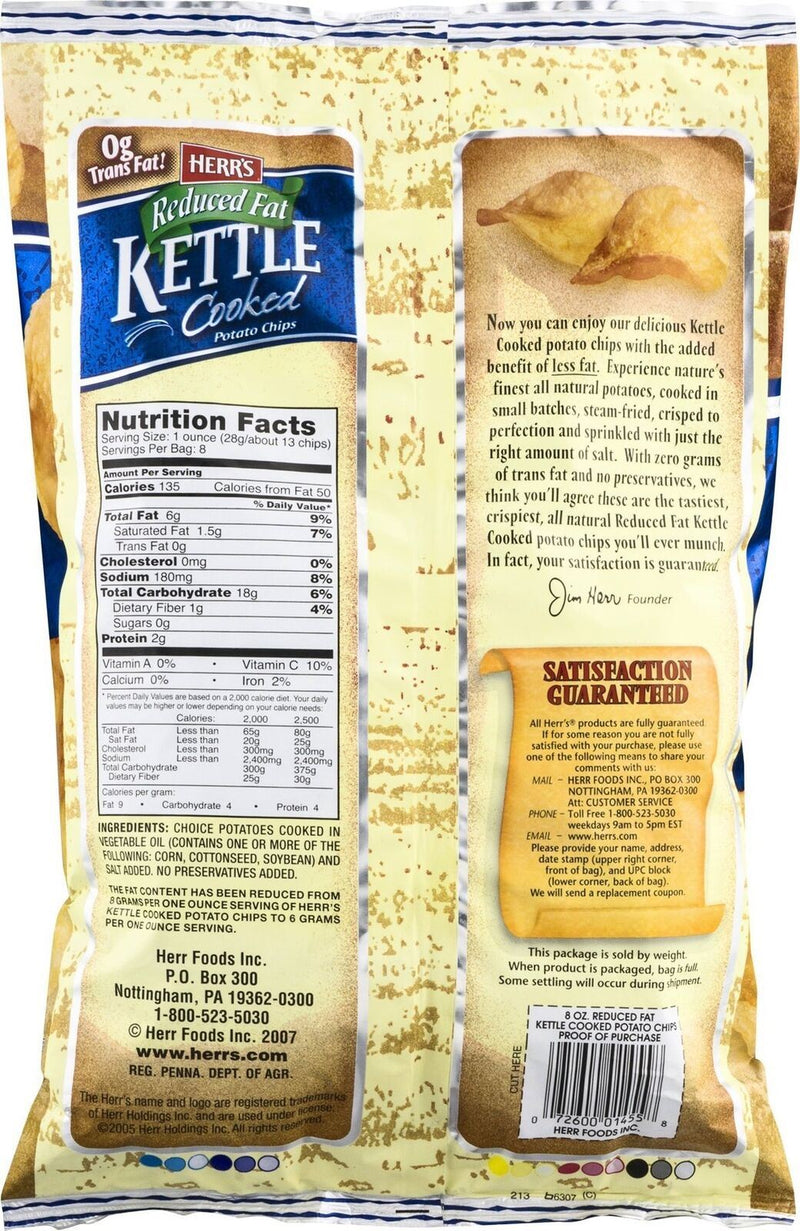Herr's Reduced Fat Kettle Cooked Potato Chips - 8 Oz. (4 Bags)
